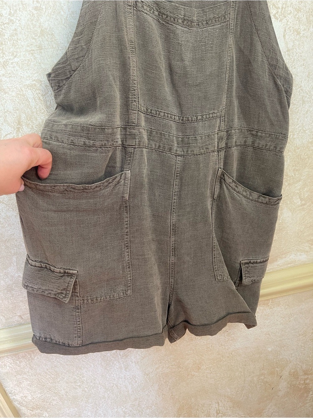 Nicole Miller Linen Blend Utility Cargo Overalls Brown Size L Relaxed Summer Fit - Picture 3 of 13